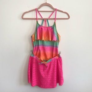 Limited Too Swim Set Rainbow Shimmer Crochet Skirt 14 16 Large One Piece